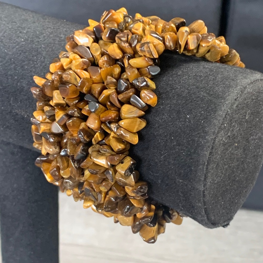 Tigers Eye Chip Stone Wide Stretch Cuff Bracelet Brown Gold Boho Statement 4870